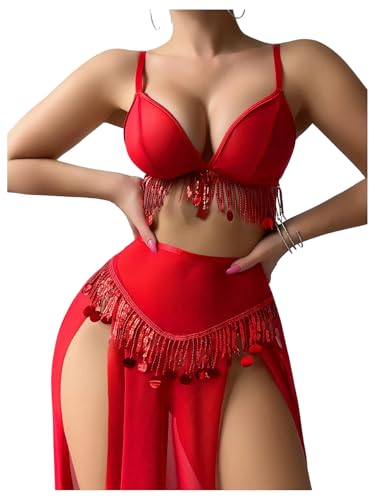 OYOANGLE Women's Sequin Lingerie Rave Outfits for Festival High Waist Split Maxi Skirt Set