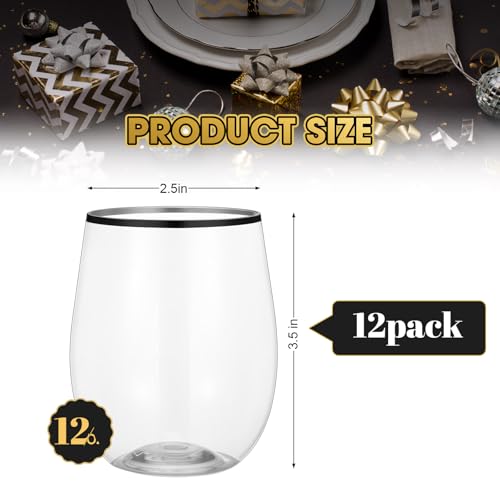 Baderke 24 Pack 12 oz Black Gold Rimmed Wine Glasses Stemless Hard Plastic Clear Disposable Wine Cups Drinking Cups Champa...