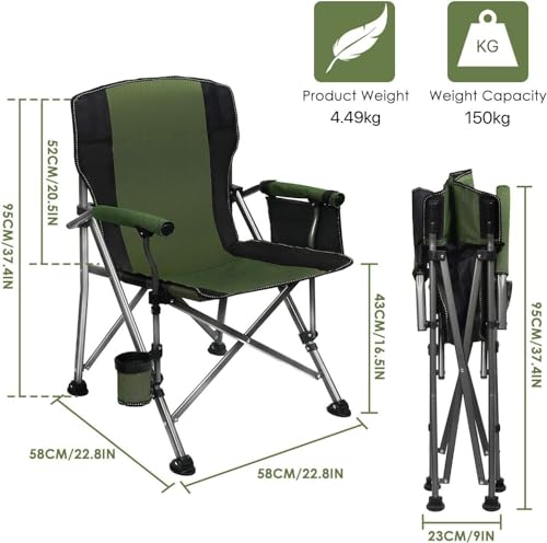 LEADALLWAY Folding Camping Chair Oversized Collapsible Camp Chair with Cup Holder and Removable Storage Bag, Heavy Duty Su...