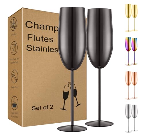 UNISWEET Champagne Glasses Set of 2 Stainless Steel Champagne Flutes Wedding Gifts for Bride 8.5 oz Unbreakable Champagne ...