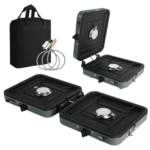 Julymoda 2 Burner Propane Camping Stove with Grill and Carrying Bag, Portable Folding Camp Stove with 17,000 BTU Adjustabl...