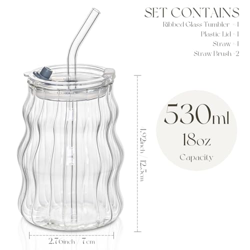 KEMORELA 4PCS Ribbed Glass Cups with Lids & Straws – 18oz Vintage Wavy Coffee Cups, Bubble Glass Aesthetic for Iced Coffe...