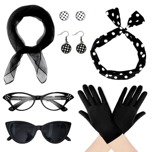 Bcxfbxd 7 Pcs 50's Women Costume Accessories Set Cat Eye Glasses Scarf Bandana Headband Drop Dot Earrings for Party Halloween