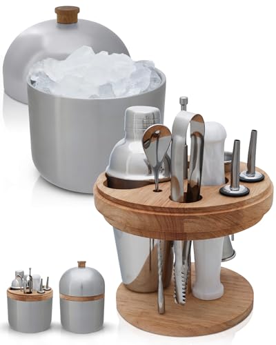 Gusto Nostro Cocktail Set Bartender Kit with Stainless Steel Ice Bucket - Complete Mixology Bar Tool Set with Wooden Organ...