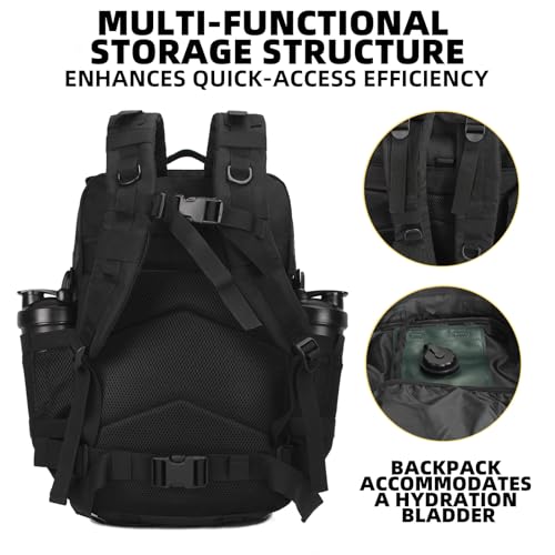 J.SH 45L Military Tactical Backpack Gym Bag Black Assault Bag Hiking Backpack for Men and Women with Bottle Holder - 45L B...