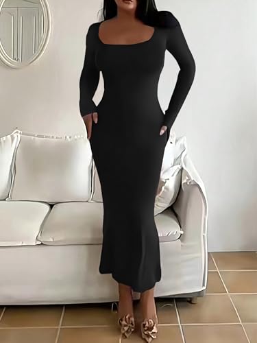 HBQ Women's Bodycon Maxi Dress Long Sleeve Square Neck Lounge Dresses Sexy Night Out Party Dress