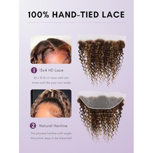 Honey Blonde Highlight Deep Wave 13x4 Lace Frontal Closure Only Human Hair, 12A Virgin 100% Hand Tied Ear to Ear Ombre Brown HD Transparent Frontal Pre Plucked P4/27 Curly Lace Frontal Remy 18In