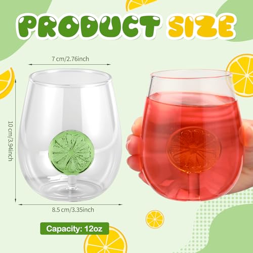 Remerry 2 Pcs Lemon Wine Glasses 12oz Yellow Lemon Slice Stemless Wine Glasses with 3D Lime Slice Figurines Inside Icon Gl...