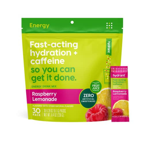 Hydrant - Energy Electrolyte Powder, Raspberry Lemonade Flavor, 30 Caffeine & L-Theanine Energy Hydration Stick Packs - Lo...