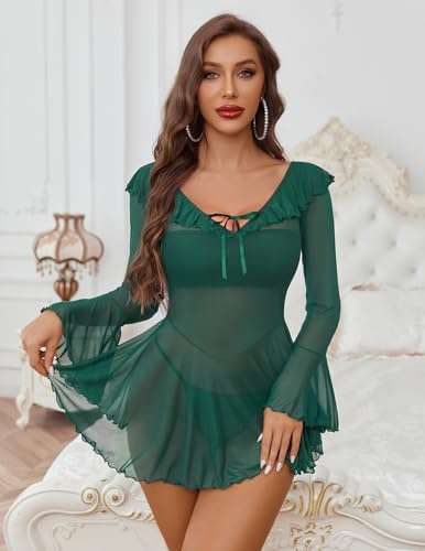 Avidlove Sexy Lingerie Babydoll Rave Ruffle Dress Off Shoulder Long Sleeve Nightgowns Outfits For Women S-XXL