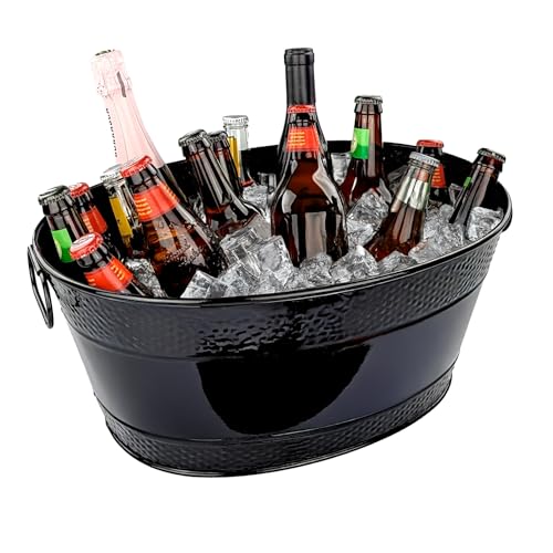 BREKX Colt Black Galvanized Beverage Tub with Handles, 16-Bottle Metal Bucket Ice Cooler to Chill Drinks, Oval Metal Baske...