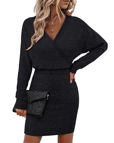 Bebonnie Womens Sexy V Neck Batwing Sleeve Sparkly Cocktail Party Sweater Dresses Holiday Bodycon Midi Dress