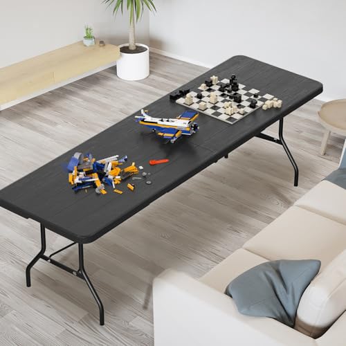 VINGLI 8 Foot Plastic Folding Table Portable Long Table for Indoor Outdoor Use Rectangular with Carrying Handle, Black