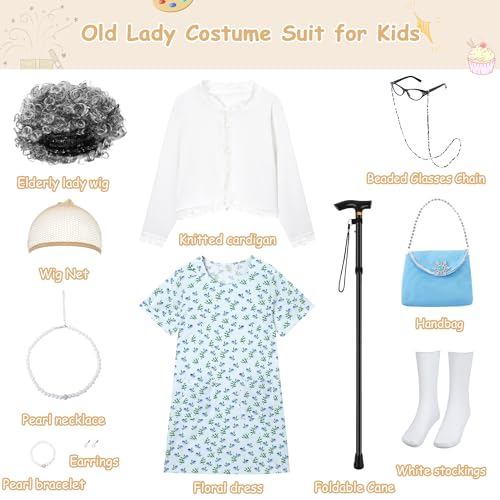 WooHand Old Lady Costume for Kids 100 Day of School Costume for Girls 100th Day of School Dress Up Grandma Wig Cane Outfit
