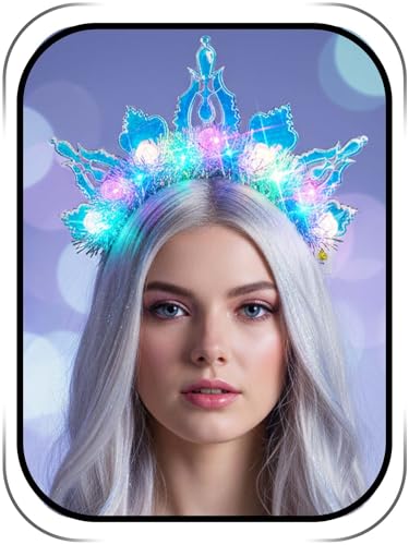 Lorealri Light Up Star Crown Headband, Blue and Silver Glitter Stars, LED Rave Party Costume Headwear Accessory for Women