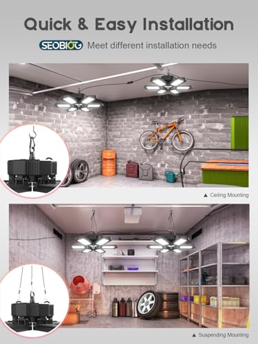 SEOBIOG 2 Pack Plug in Garage Light, Upgraded 200W 20000LM Linkable LED Shop Light, 6500K Ceiling Lights w/ 6 Deformable P...