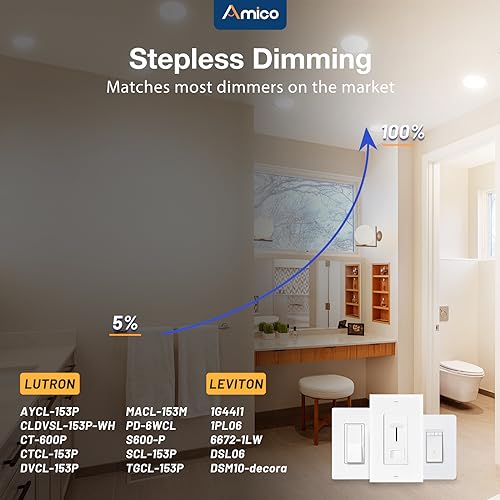 Amico 48 Pack 6 Inch 5CCT Ultra-Thin LED Recessed Ceiling Light with Metal Junction Box, 2700K-5000K Selectable, 12W Eqv 1...