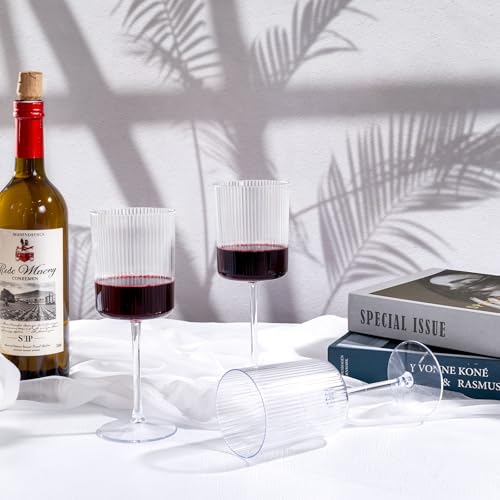 YOUBET 24 Pack Plastic Ribbed Wine Glasses - 10 OZ Clear Square Wine Glasses with Stem - Heavy Duty Vintage Disposable Cha...