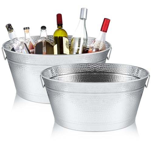Uiifan 2 Pcs 24 Quart 6 Gallon Hammered Stainless Steel Beverage Tub Heavy Duty Oval Metal Large Ice Bucket for Drinks Buc...