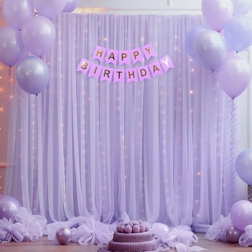 10x8ft Purple Tulle Backdrop Curtain with Lights String for Parites, Sheer Backdrop Curtains for Wedding Baby Shower Birth...