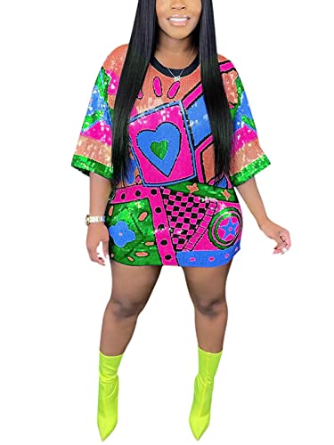 Fawjsais Women's Half Sleeve Dress O Neck Printed Sequins Mini Dress Loose Casual Sexy Nightclub Party T-Shirts Tops Dress
