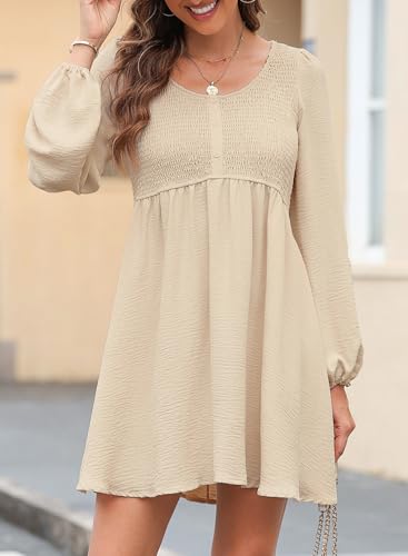 Dokotoo Womens 2026 Casual Dresses Smocked Crewneck Button Up Long Sleeve Empire Waist A-Line Mini Dress