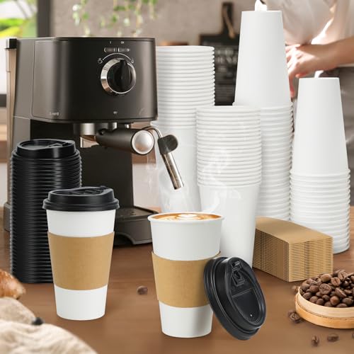 Lamosi 50 Pack 20 oz Disposable Coffee Cups with Lids and Sleeves, White To Go Leak-Proof Paper Cups for Picnics, Parties,...