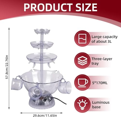 3-Tier Cocktail Machine with LED Base and 5 Cups, Electric Champagne Fountain Drink Dispenser for Wedding, Party, Celebrat...