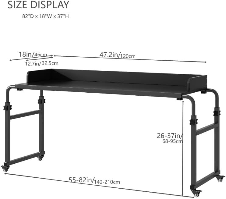 LINGMI Overbed Table with Wheels, Bed Desk Recliner Table Adjustable Height Laptop Table, Queen King Size Over The Bed Table with Wheels & Heavy Duty Metal Leg Laptop Desk for Recliner
