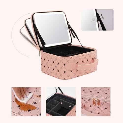 Travel Makeup Bag With 360¡Æ rotating LED Mirror,Waterproof cosmetic organizer,Portability Cosmetic case,Makeup organizer,Gift for Women,Girls Gift (Pink)