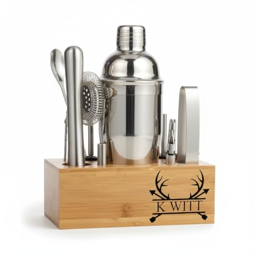 Personalized Cocktail Shaker Set with Stand — Engraved Bartender Kit w/Jigger, Strainer, Spoon & Pourer — Custom Bar Mixol...