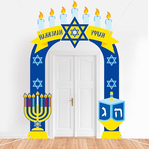 3PCS Happy Hanukkah Porch Banners Chanukah Door Decorations Shalom Hanukkah Party Door Covers Banner Hanging Backdrop Porc...
