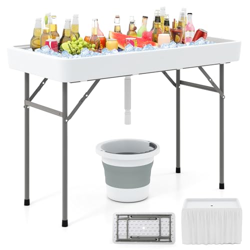 KOTEK Folding Ice Cooler Table, 4 FT Portable Ice Table with Drain, Matching Skirt & Foldable Bucket, Buffet Beverage Serv...