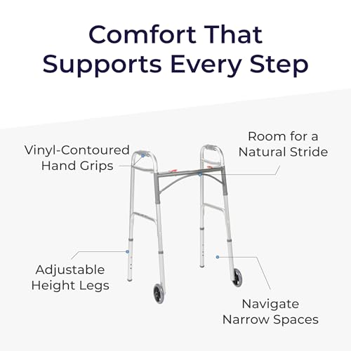 Drive Medical Two-Button Folding Walker w/ Wheels - Lightweight Rolling Mobility Support - Desk Arms - Adjustable Height -...