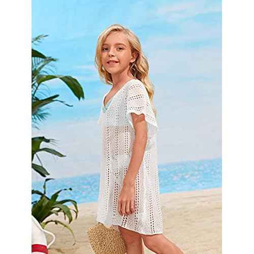 SOLY HUX Girl's V Neck Crochet Short Sleeve Beach Dress Summer Swimsuit Bikini Cover Up