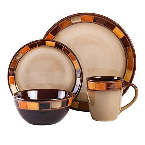 Gibson Casa Estebana 16-Piece Dinnerware Set, Service for 4 ? Beige and Brown Stoneware Plates and Bowls