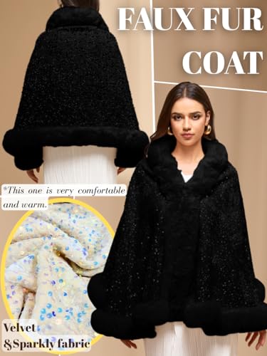 EHSUYAB Women's Sequin Faux Fur Shawl Wrap, Winter Bridal Wedding, Luxury Elegant Velvet Fur Coat Jackets Cape Evening Party
