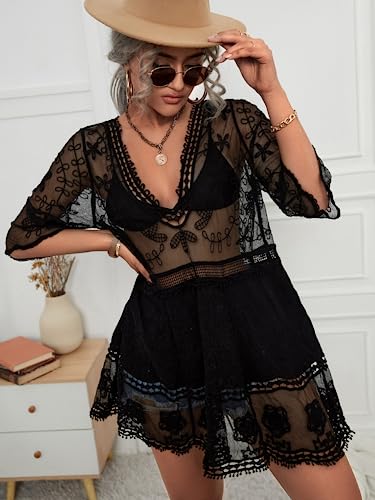 Eomenie Women's Contrast Lace Bathing Suit Cover Up V-Neck Swimsuit Coverups Loose Swimwear Beach Dress Beachwear