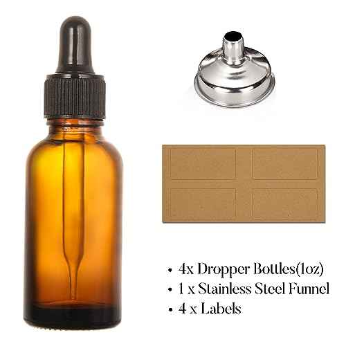 4 Pack, 1 oz Thick Dark Amber Glass Dropper Bottles with 1 Funnels & 4 Labels - 30ml Tincture Bottles with Eye Dropper - Leakproof Essential Oils Bottle - Storage and Travel for Beauty or Health