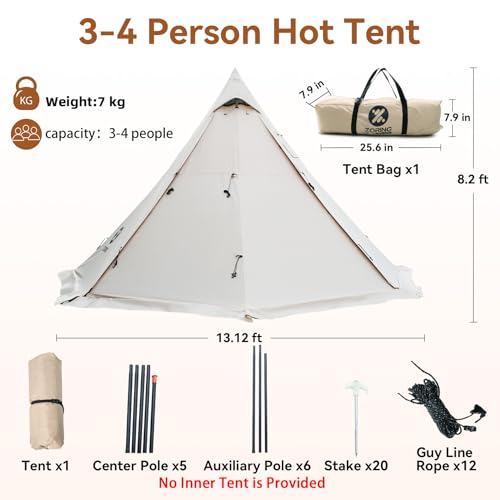 Zoring 4 Season 3-4 Person Hot Tent with Inner Tent for Camping, 8.2ft Standing Room, Snow Skirt, Cold Weather Shelter