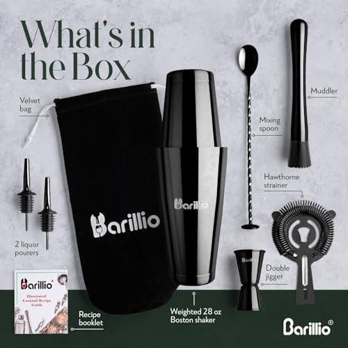 Barillio Black Boston Shaker Set - Stainless-Steel, Weighted Martini Cocktail Shaker Set w/Strainer & Mixer - Mixology Bar...