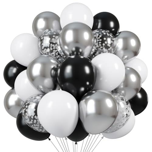 Black and Silver Balloons, 60pcs 12 Inches Black White Silver Confetti Balloons with 1 Ribbon for Birthday, Baby Shower, W...