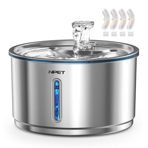 NPET Stainless Steel Cat Water Fountain, 1Gallon/135oz Automatic Pet Drinking Fountain Dog Water Dispenser with 4 Replacem...