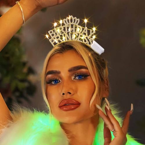 DRESBE Light Up Birthday Tiara LED Princess Crown Headband Glow Party Hair Accessories for Women (Gold)
