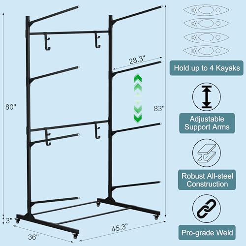 RELIANCER Freestanding Kayak Storage Rack w/Wheel,Adjustable Kayak Stand for Boat Dock,Garage,Indoor & Outdoor Canoe and K...