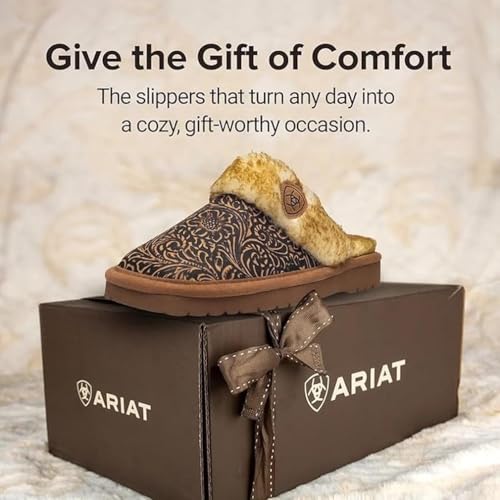 ARIAT Women's Jackie Square Toe Embossed Tooling Warm Soft Comfortable Genuine Full-grain Leather Slippers