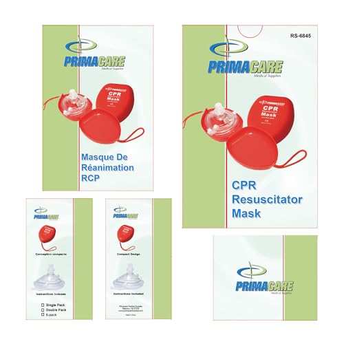 PrimaCare RS-6845 Single Valve CPR Rescue Mask in Red Hard Case, Adult/Child Pocket Resuscitator with Elastic Strap, Air Cushioned Edge, 6.5" x 4.8" x 1.6", Red, Clear