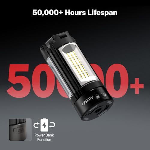 OGERY Rechargeable 10000mAh Camping Light with Stand 6.5 ft Max Height, Cordless Work Light with 3 LED Lamp Heads, 2200 Lu...