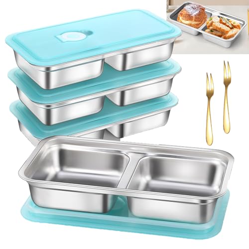 Antenat Reusable Stainless Steel Snack Containers with Lids (4PCS) –Double Compartment, Leak-Proof Food Containers with 2 ...