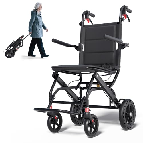 Lightweight Transport Portable Folding Wheelchair, Ultra-Light Wheelchair (Only 17lbs) with Telescopic Handle & Cupholder ...